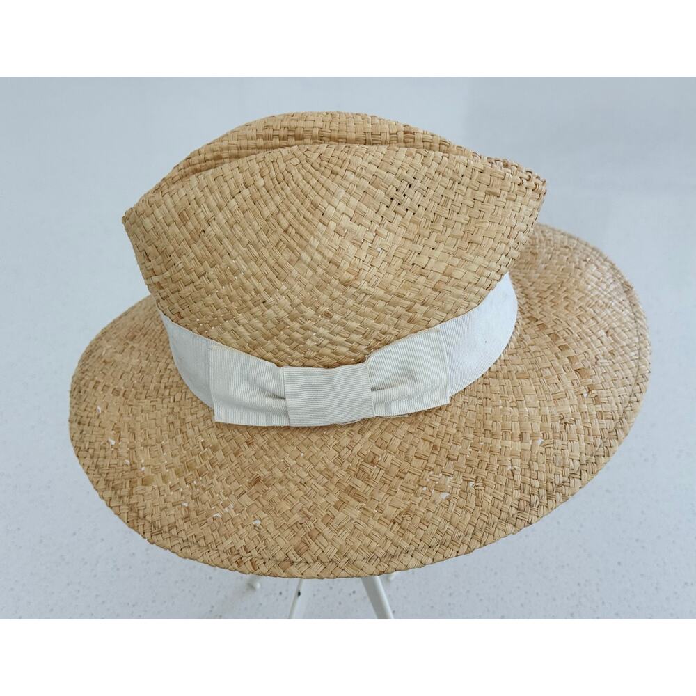 Vintage Saks Fifth Avenue Italian Straw Fedora Hat White Ribbon - Picture 2 of 4
